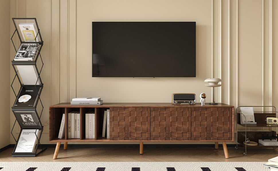 70" Mid Century Modern Tv Stand, Media Console Table For Tvs Up To 80'', Entertainment Center With 5 Solid Wood Legs For Living Room, Bedroom Walnut Primary Living Space 70 79 Inches 70 79 Inches