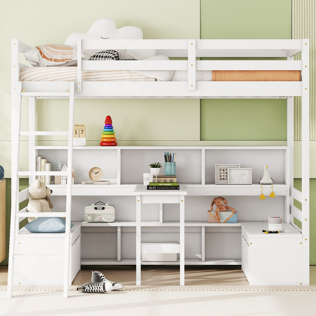 Twin Loft Bed With Storage Shelves, Drawers, Seat And Desk For White Color Box Spring Not Required Twin White Wood Bedroom Modern Storage Included Pine