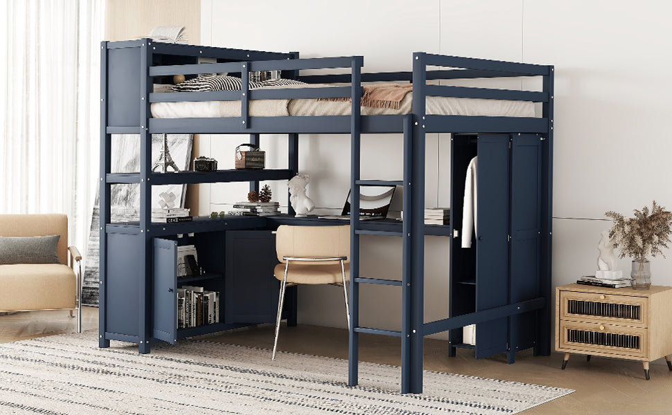 Wood Loft Bed With Cabinet And Bookshelf, Full Size Loft With Wardrobe And Desk For Kids,Dark Blue Expect Arrival Date 2024 8 25 Full Dark Blue Pine