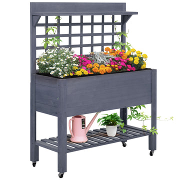 Outsunny 41" Raised Garden Bed With Trellis On Wheels, Wooden Elevated Planter Box With Legs And Bed Liner, For Flowers, Herbs & Vegetables, Gray Gray Wood