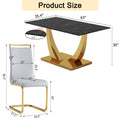 Table And Chair Set.Modern Rectangular Dining Table With Black Textured Stickers Glass Tabletop And Gold Plated Metal Legs.Paried With 6 Comfortable Chairs With Pu Seats And Golden Metal Legs. Gold,Light Gray Seats 6 Glass Metal