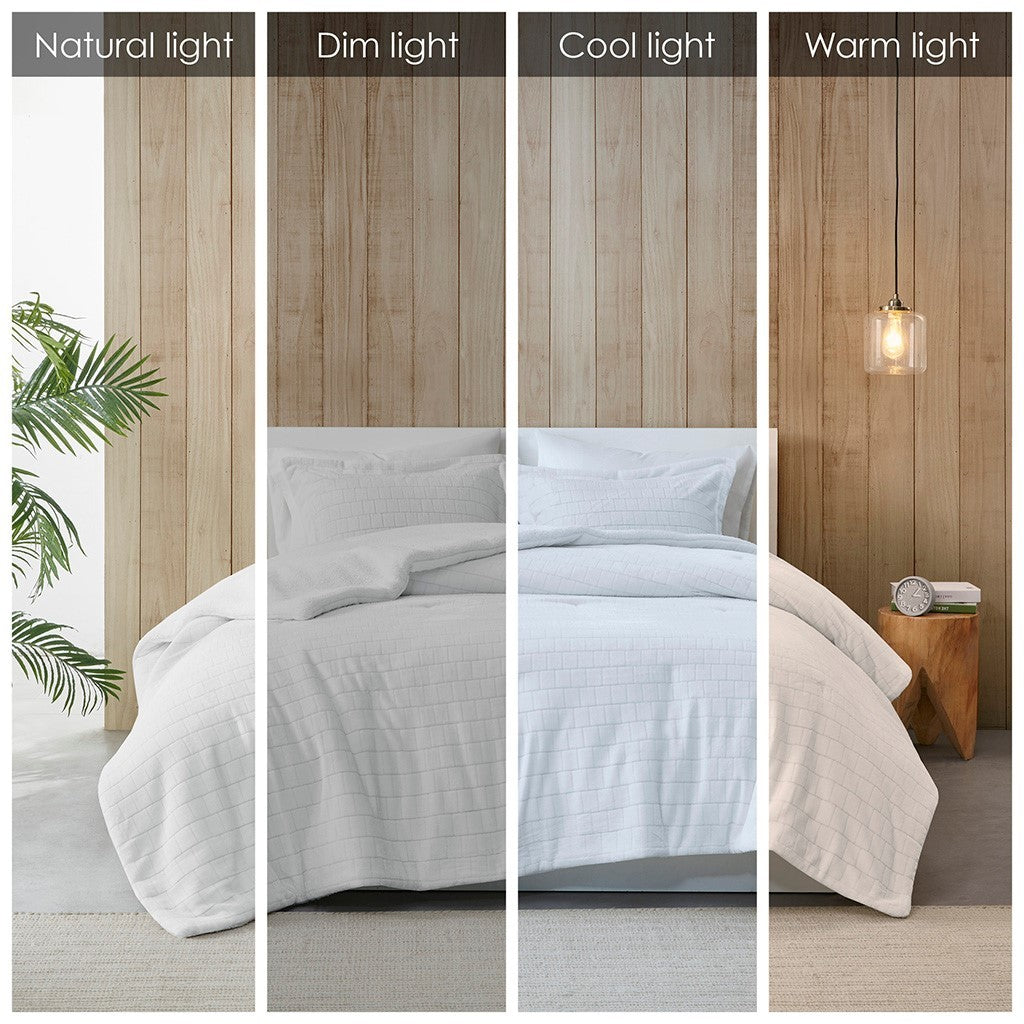 Plush To Sherpa Comforter Set King Ivory Polyester