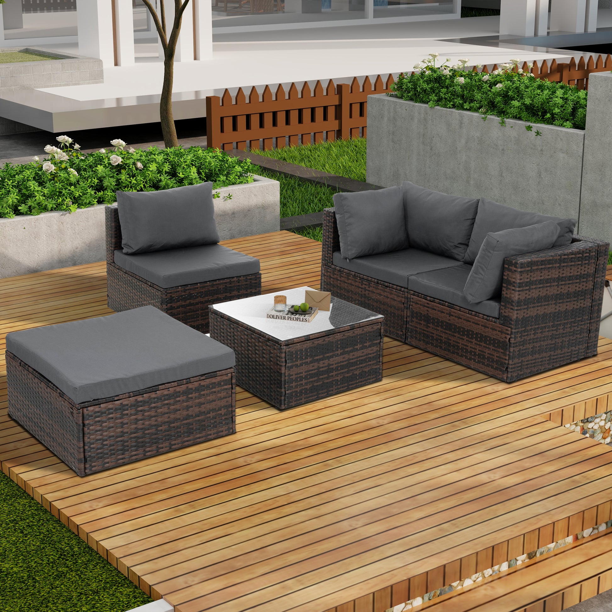 Patio Furniture, Outdoor Furniture, Seasonal Pe Wicker Furniture, 5 Set Wicker Furniture With Tempered Glass Coffee Table Brown Seats 4 Pe Rattan Iron Waterproof Fabric