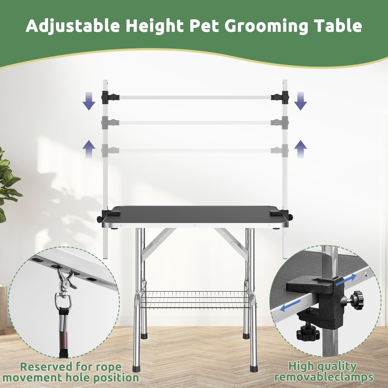 46 Inch Foldable Dog Grooming Table For Home With Adjustable Arm, Noose, Non Slip Surface, And Storage Mesh Tray Black Mdf Metal