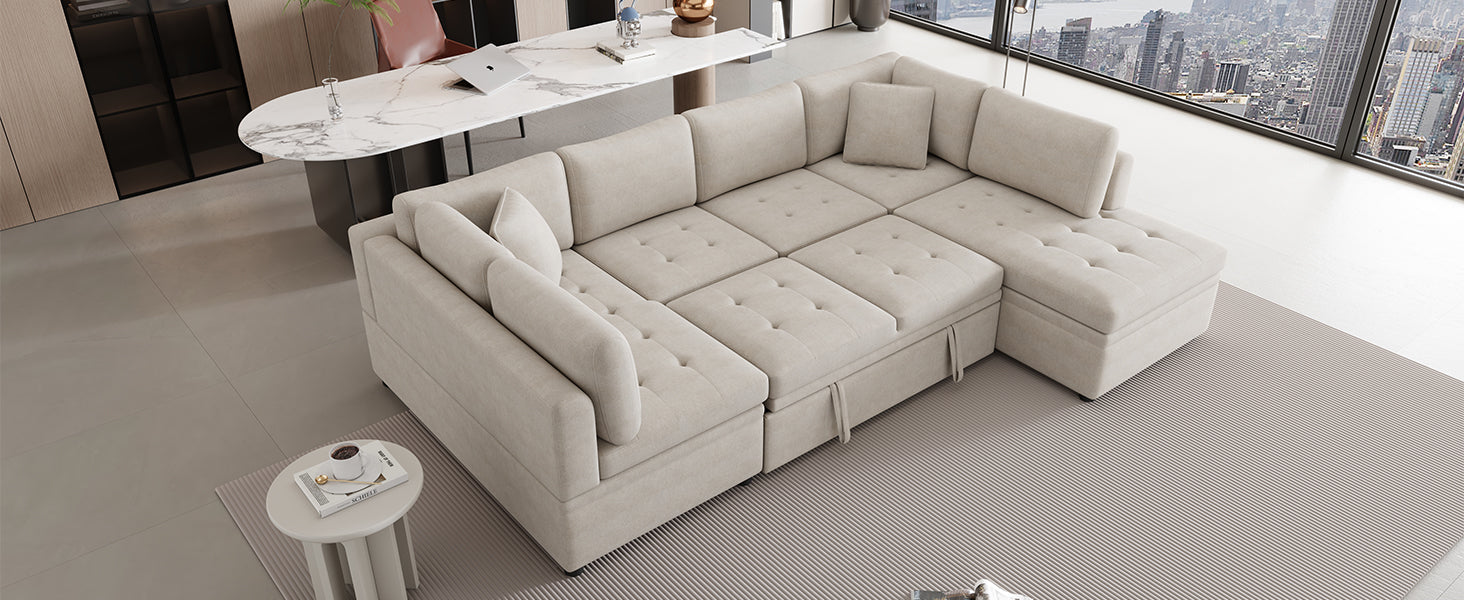 117.3" Oversized Sectional Sofa U Shaped Sofa Couch Pull Out Sofa Bed With Two Throw Pillows For Living Room, Beige Beige Foam Chenille 4 Seat