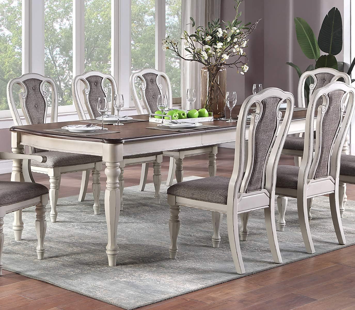 Transitional 9Pc Dining Set Dining Table W Oak Top 6Xside Chairs And 2X Arm Chairs Cushion Seat Antique White Kitchen Dining Room Wood Dining Room Distressed Finish Rubberwood Rectangular Dining Table With Chair Wood Wood Antique White,Gray,Oak Seats 8