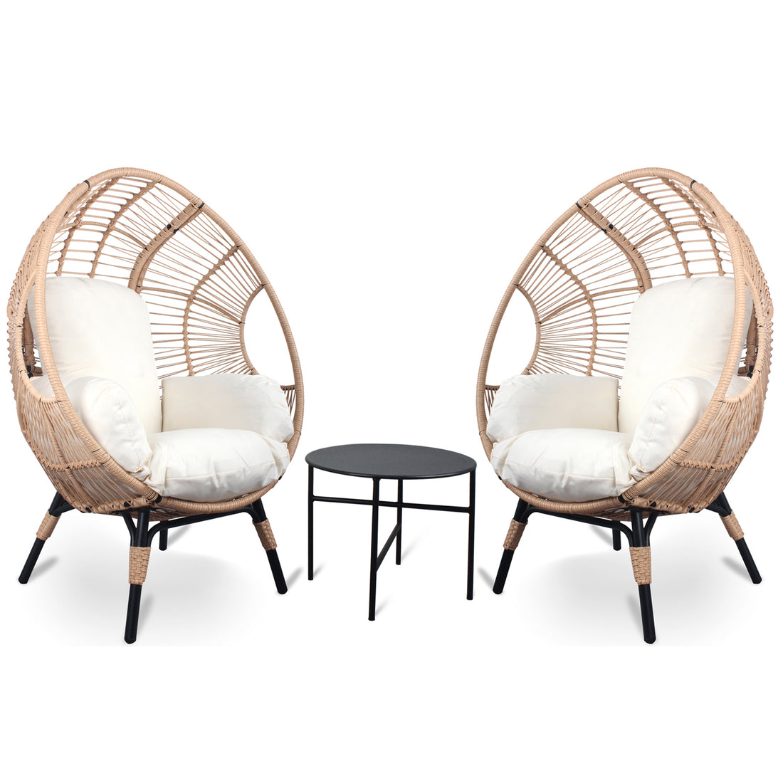 3 Pieces Patio Egg Chairs Model 2 With Side Table Set,Natural Color Pe Rattan And Beige Cushion Yes Natural Complete Patio Sets Foam Steel