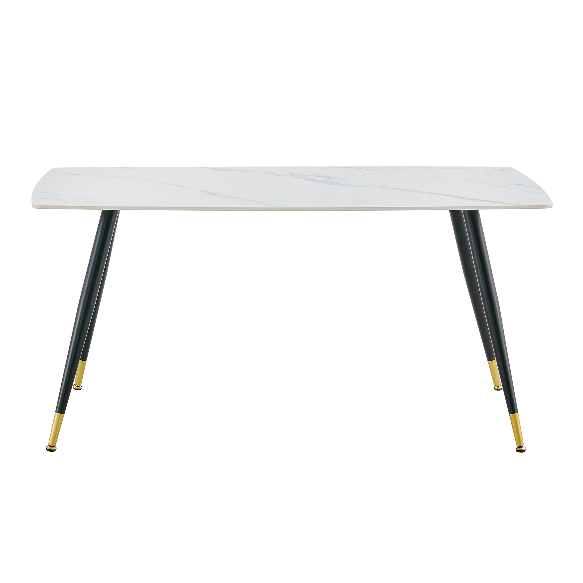 Modern Minimalist Dining Table. White Imitation Marble Pattern Sintered Stone Desktop With Black Metal Legs.Modern Dining Chair With Pu Artificial Leather Backrest Cushion And Black Metal Legs.F 001 Black Gold Sintered Stone