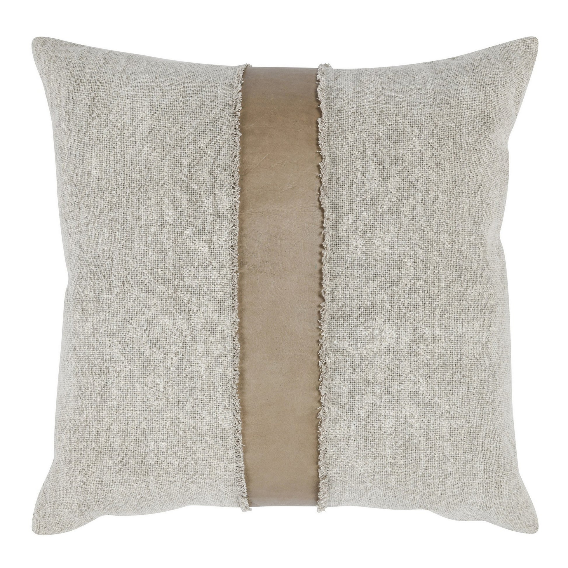 26 X 26 Throw Pillow, Pieced Fabric, Cotton, Leather, Frayed Fringes, Gray Grey Brown Cotton