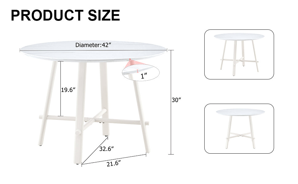 A Modern Minimalist Circular Dining Table With A 42 Inch Diameter White Patterned Tabletop And White Metal Legs. Suitable For Restaurants, Living Rooms, And Conference Rooms. White Mdf Metal