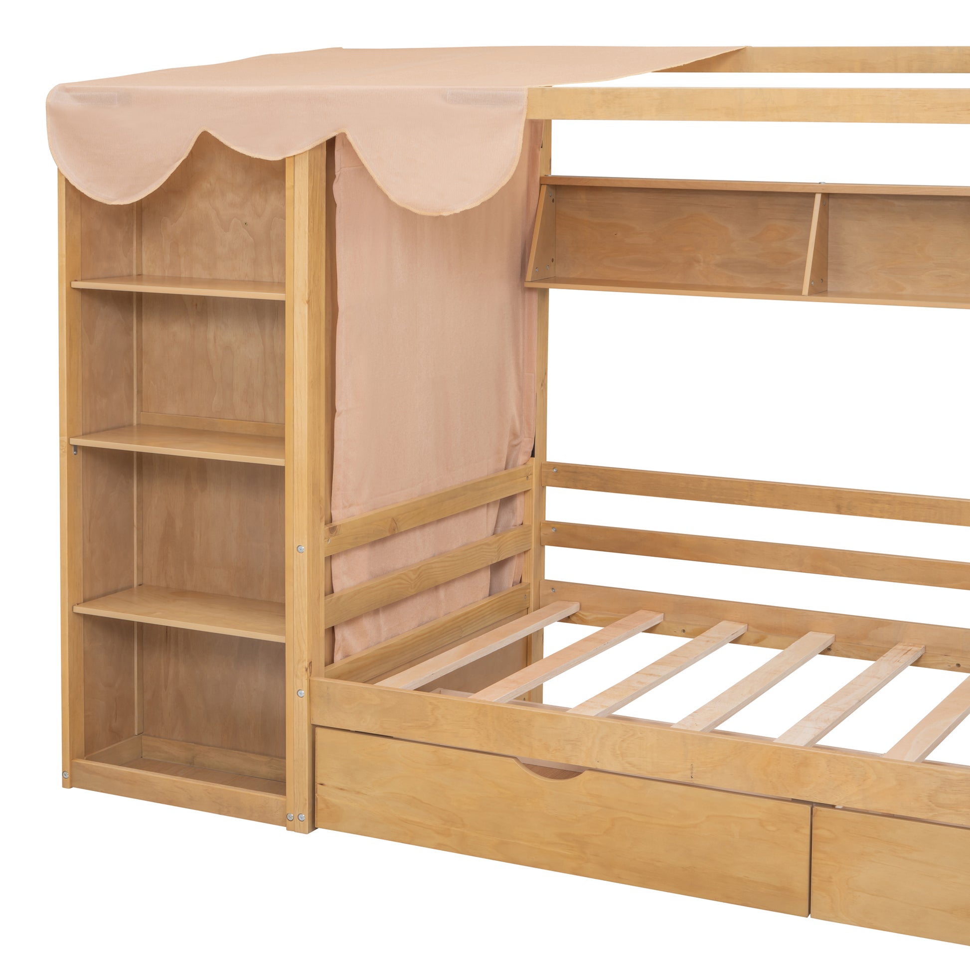 Twin Size House Bed With Two Drawers And Wardrobe,Natural Twin Natural Solid Wood