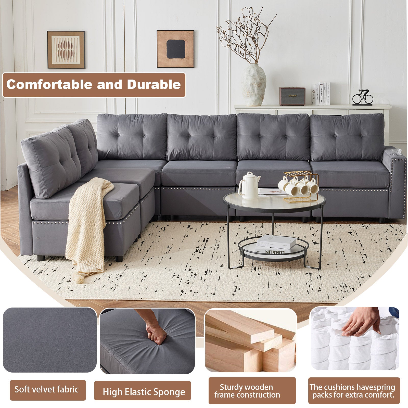 Velvet Modular Combination Sofa With Storage, Living Room Combination Sleeper Sofa Gray Gray Wood Primary Living Space Cushion Back Extra Heavy Duty Modern Foam Velvet 6 Seat