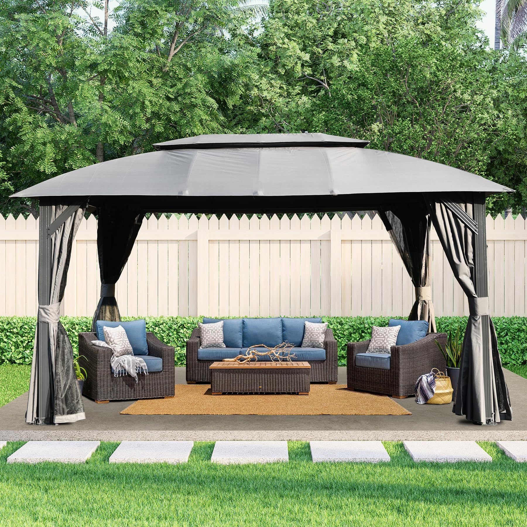 Gazebo 10X14Ft, Outdoor Gazebo With Double Roofs, Privacy Curtains, Mosquito Nettings, Heavy Duty Metal Frame Party Tent Canopy For Patio, Backyard, Deck, Lawn, Grey Gray Garden & Outdoor Steel