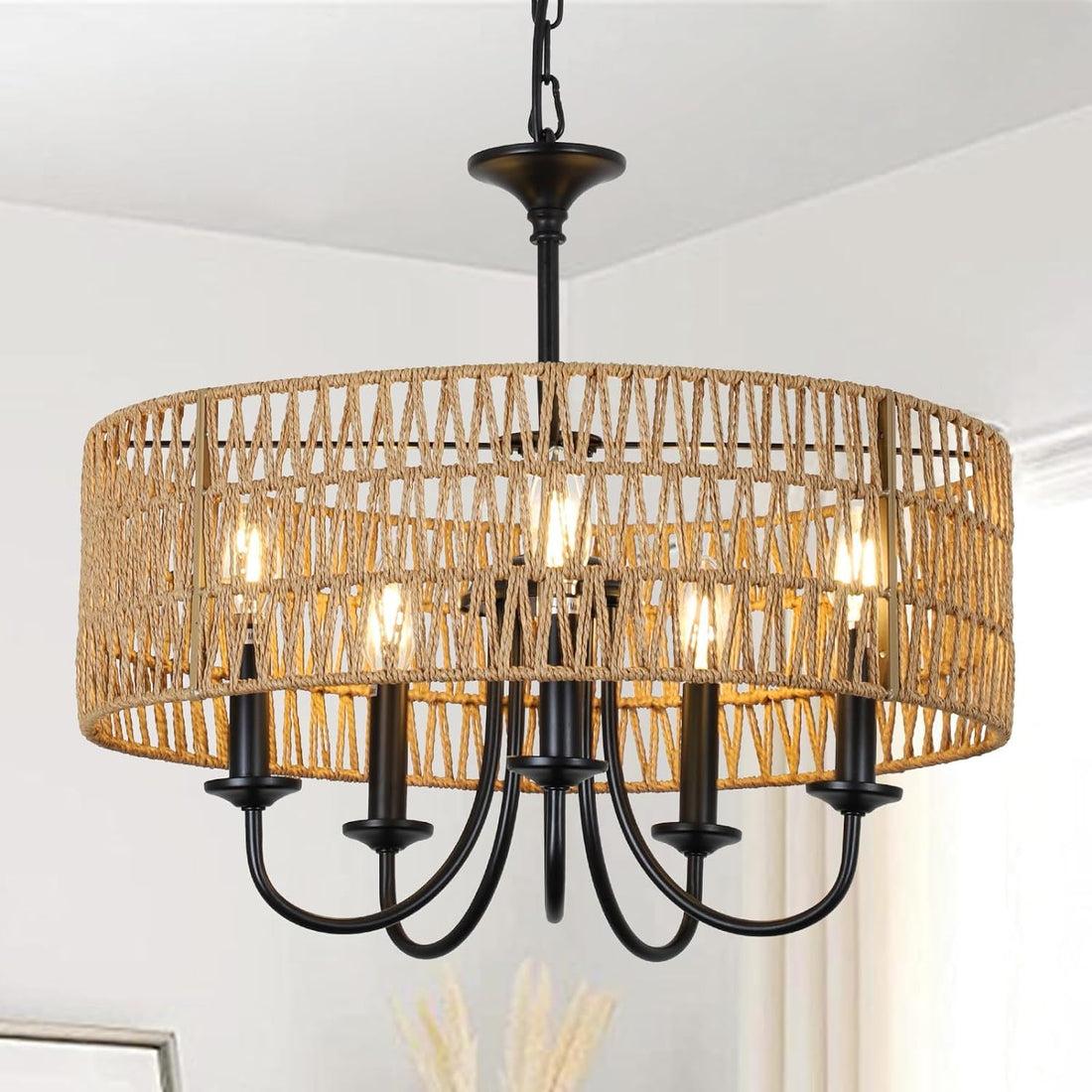 Modern Farmhouse Chandelier Light Fixtures, 5 Lights Large Rattan Pendant Lighting With Hand Woven Wicker Shade, Boho Black Chandeliers For Dining Room Living Room Kitchen Island Bedroom Brown Rattan Metal