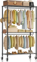 Rolling Clothes Rack, Heavy Duty Clothing Rack, 3 Shelf Portable Adjustable Wardrobe Closet With Wheels, Hanging Rods & Side Hooks, 43.3