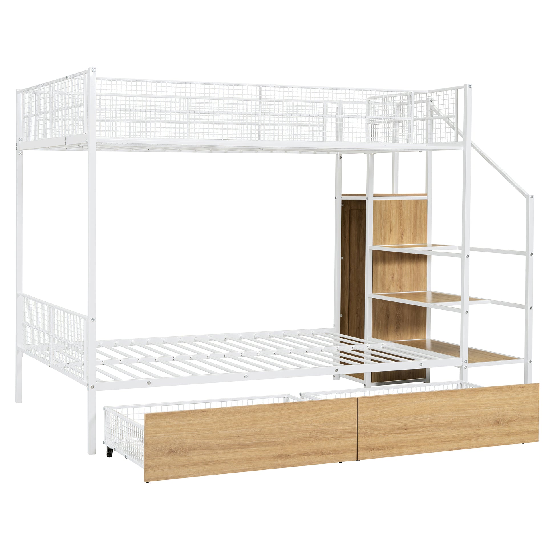 Twin Over Full Metal Bunk Bed With Drawer And Lateral Storage Ladder And Wardrobe, White White Metal