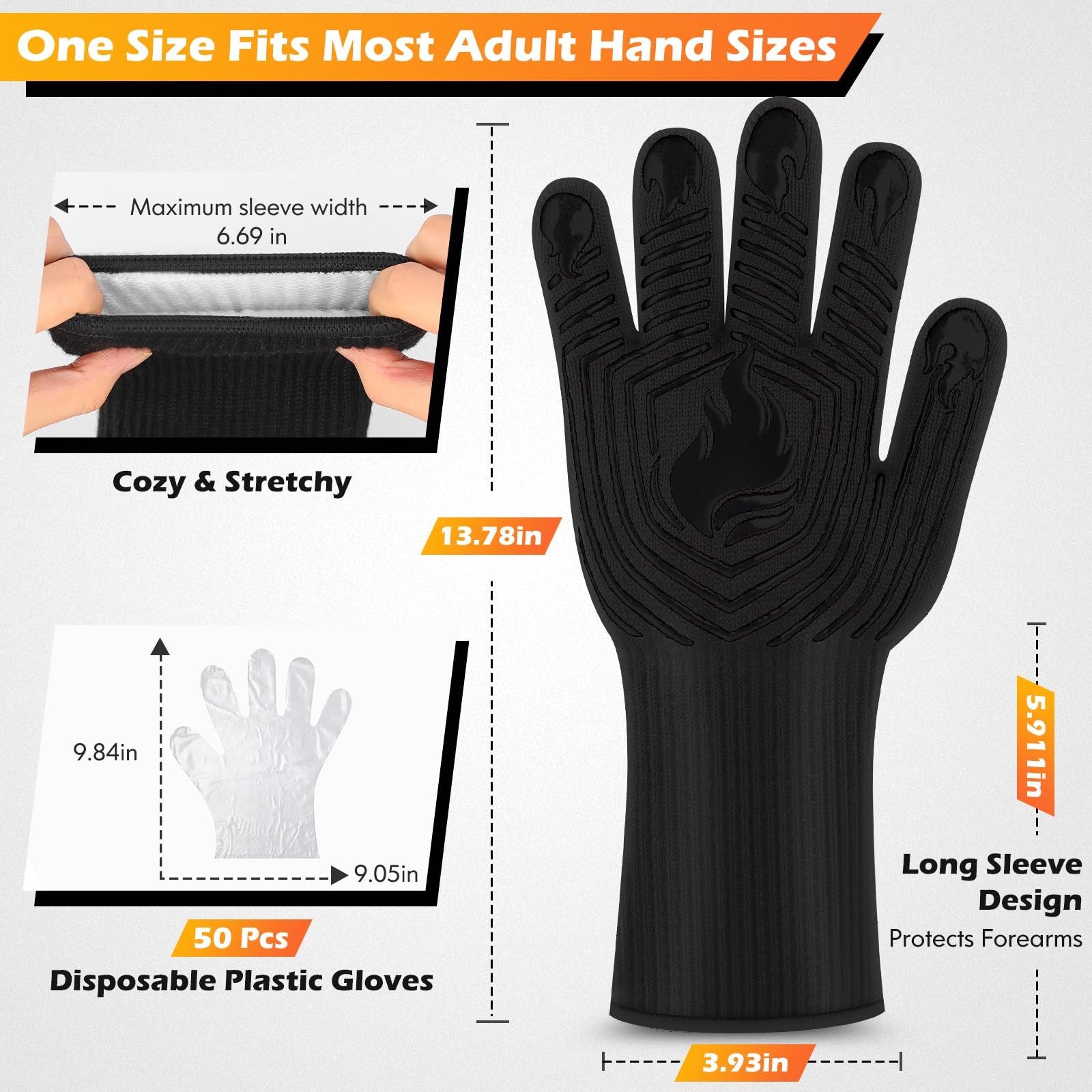 Bbq Gs, 1472 F Heat Resistant Fireproof Mitts, Silicone Non Slip Washable Oven Kitchen Gs For Barbecue, Grilling, Cooking, Baking, Camping, Smoker Black Black Polyester