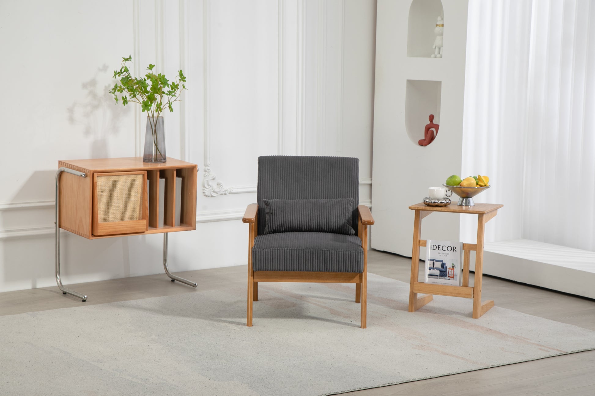 Leisure Chair With Solid Wood Armrest And Feet, Leisure Chair, Wood Frame, Velvet, L, Solid Rubber Wood Legs, Mid Century Modern Accent Chair, For Living Room Bedroom Studio Chair Dark Gray Corduroy