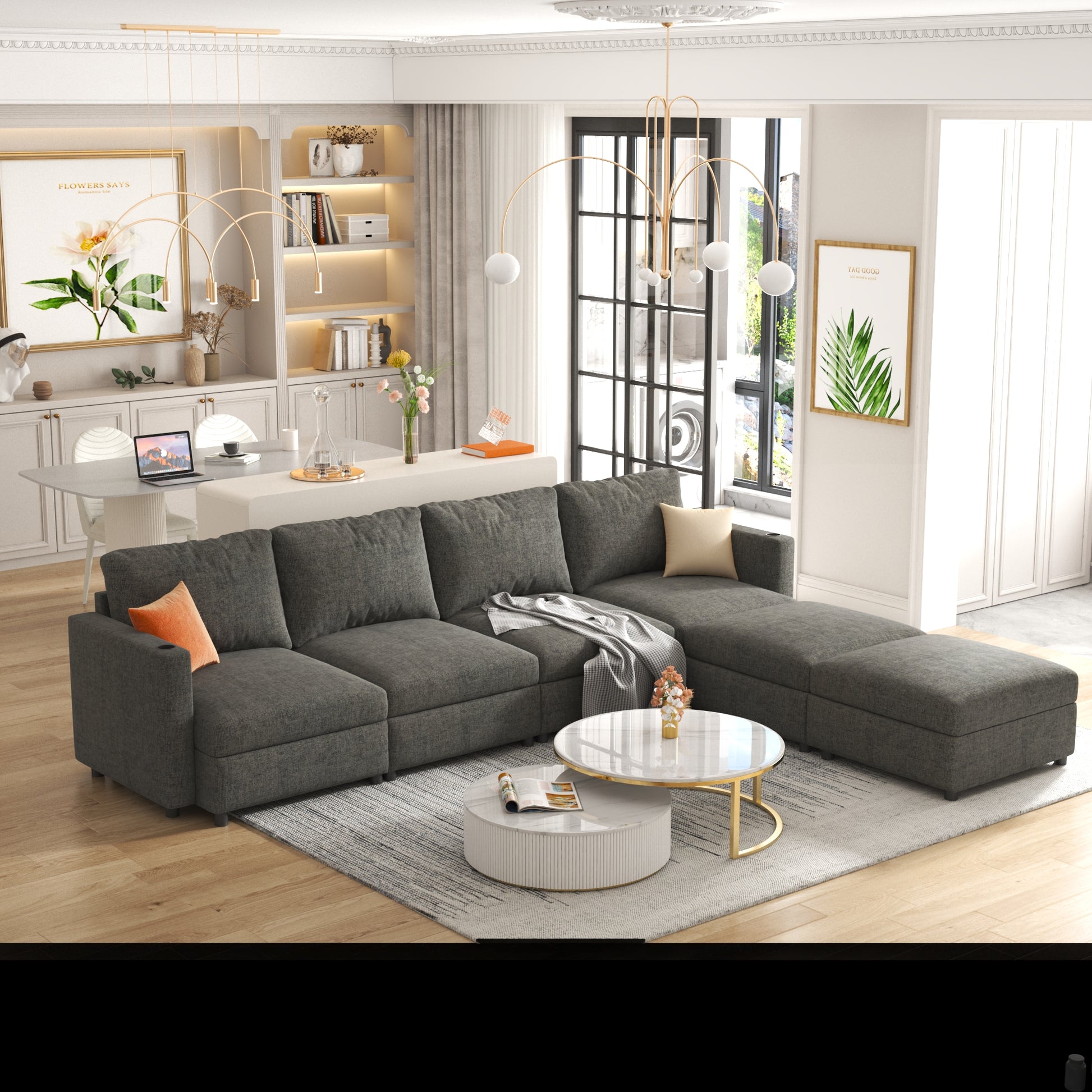 Modern Large Sectional Sofa, U Shape Modular Sectional Couch With Storage Function,123" Sofa Bed With Ottoman,6 Seat Sectionals Chaise For Living Room,Chenille Grey Fabric 6 Seat