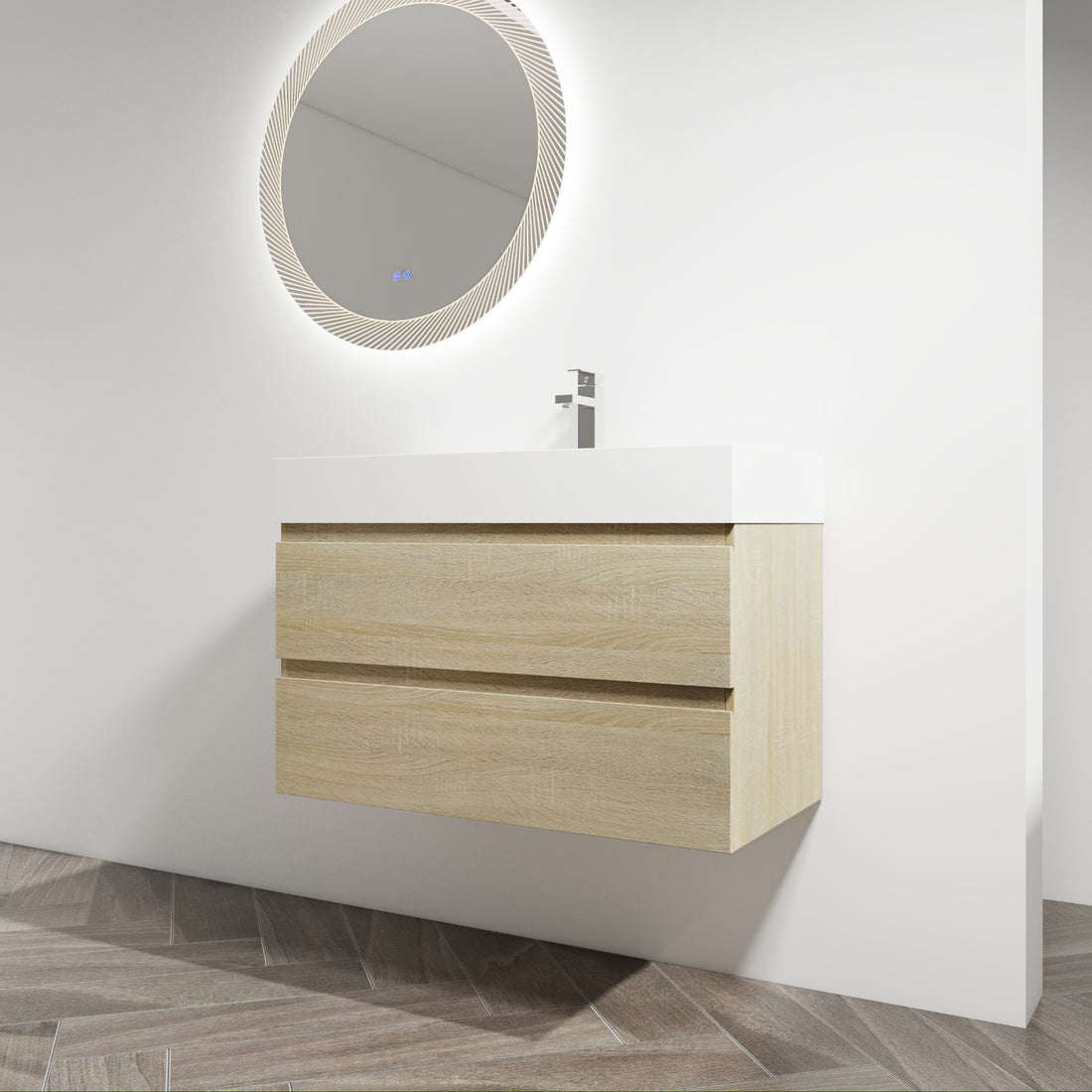 36" Wall Mounted Bathroom Vanity With Resin Sink, 2 Soft Close Drawers, Kd Package 2 Light Oak Bathroom Wall Mounted Modern Plywood