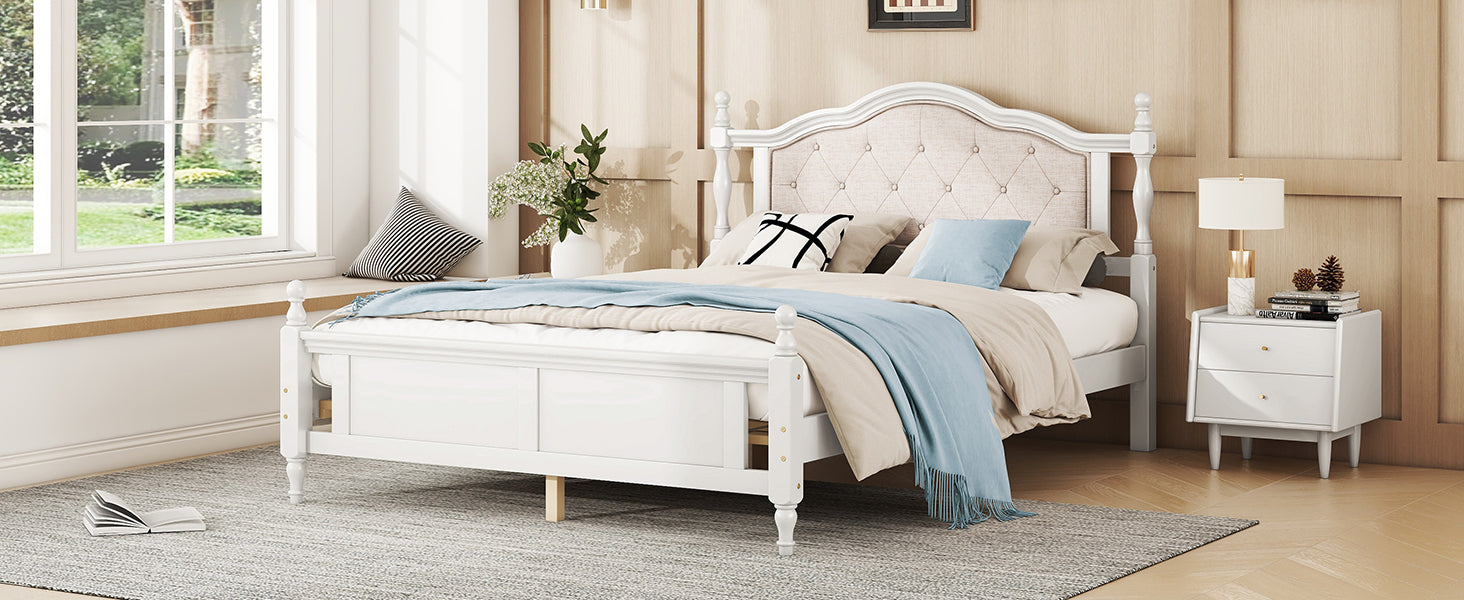 Queen Pine Wooden Bed With Upholstered Headboard And Panel Footboard, With Two Bed Rail Support Feet And Central Platform Support Feet ,White Queen White Pine