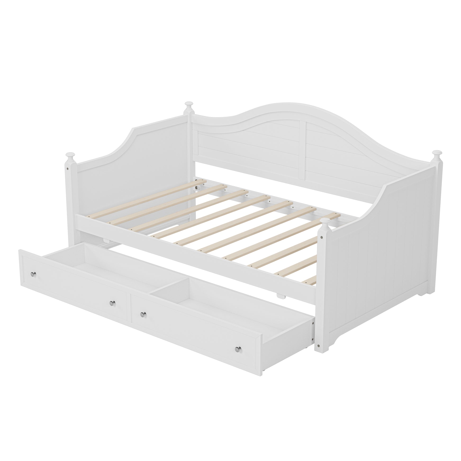 Twin Size Wood Daybed With 2 Storage Drawers ,Wooden Sofa Bed With Handrail For Living Room Bedroom, White Box Spring Not Required Twin White Wood Bedroom Wood