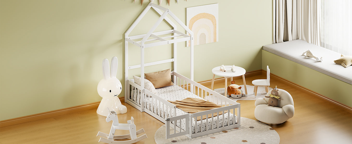 Wooden Floor Bed With Fence Railings And Detachable House Shape Headboard, Twin Size Bed With Kids Dress Up Rack, Kids Montessori Style Playhouse Frame For Girls Boys, White Twin White Wood