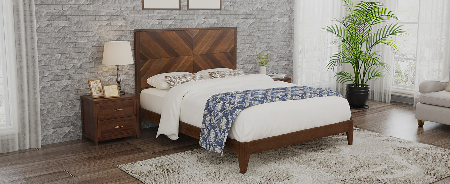 Mid Century Modern Platform Bed Wood Slat Support With No Box Spring Needed,Queen, Walnut Box Spring Not Required Queen Walnut Wood Bedroom Mid Century Modern Bed Frame Wood