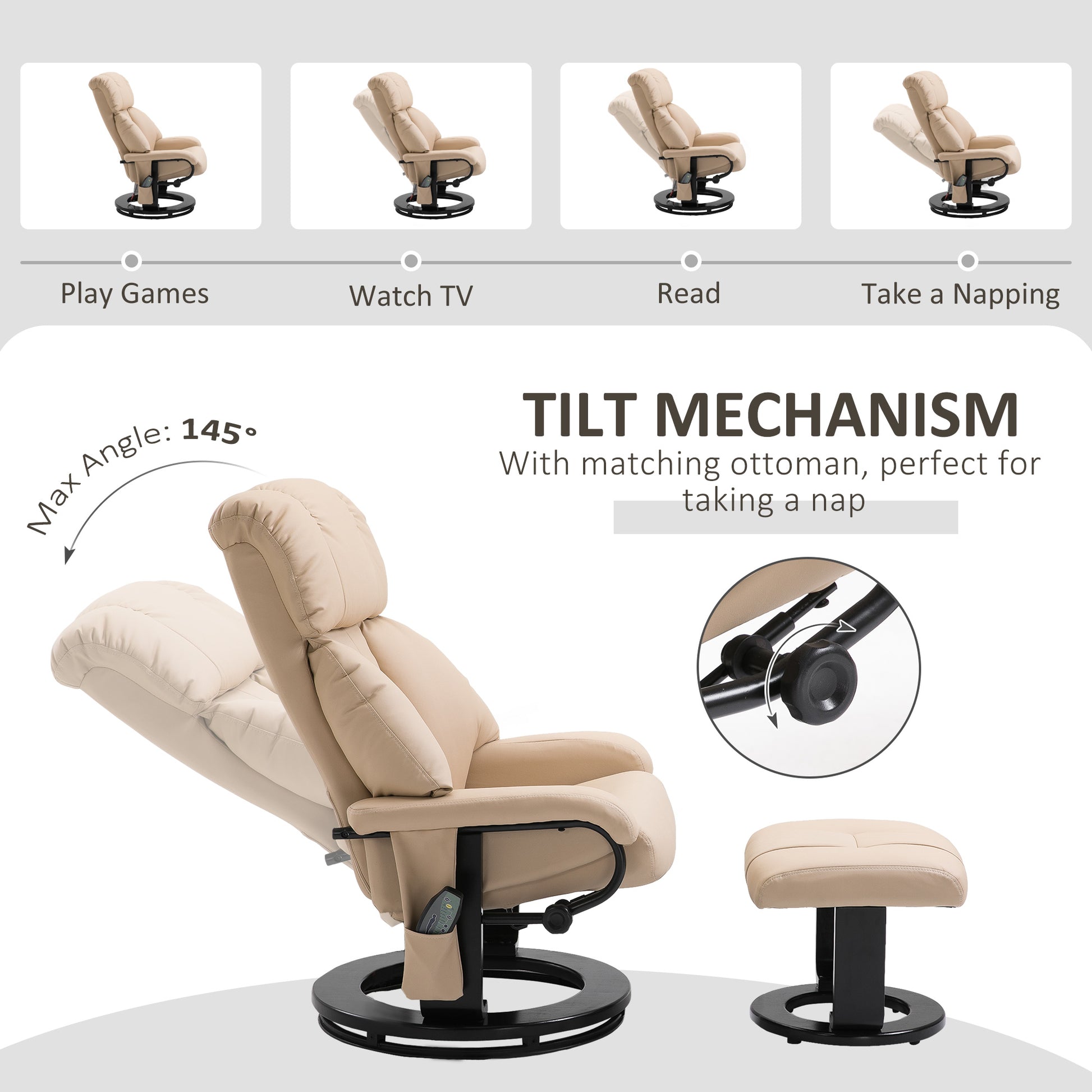 Homcom Massage Recliner Chair With Ottoman, 360 Swivel Recliner And Footstool, 10 Point Vibration, Pu Leather Reclining Chair With Side Pocket And Remote Control, Beige Beige Wood