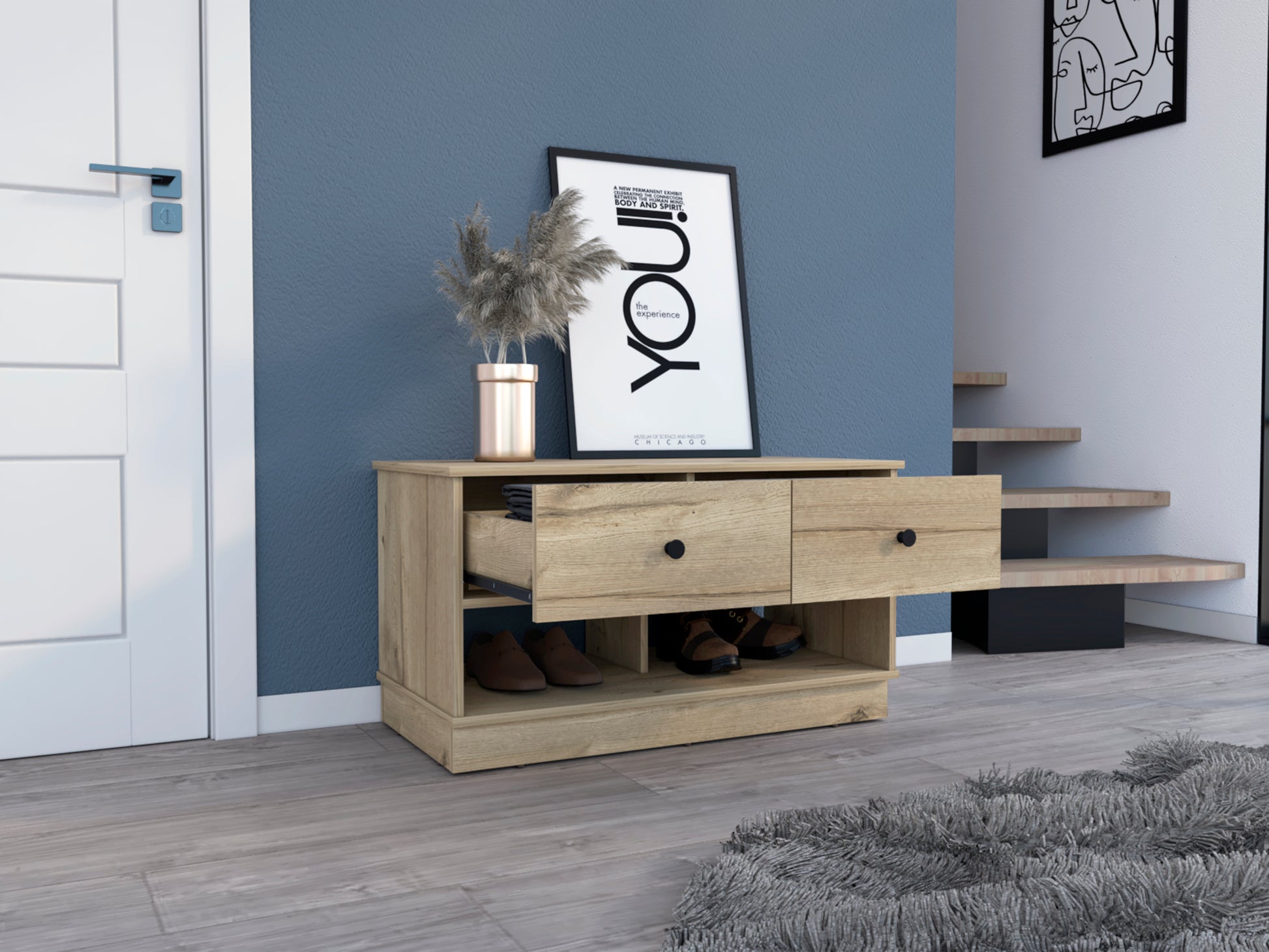 Tulip Storage Bench, Two Drawers, Two Shelves Beige Melamine Engineered Wood