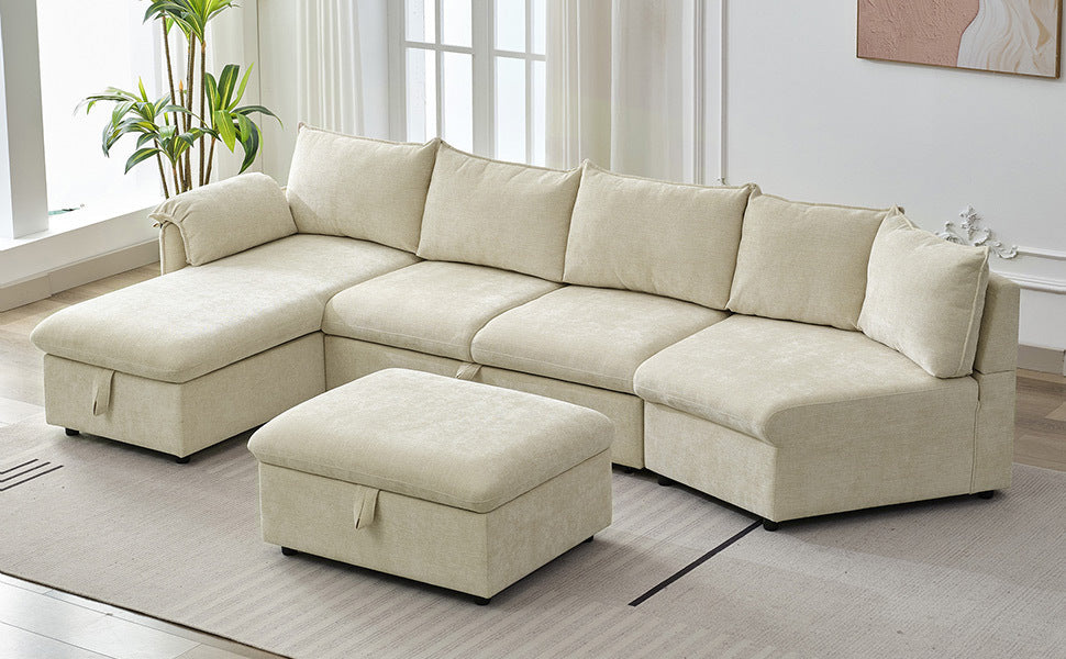 146.9" L Shaped Sofa Sectional Sofa Couch Pull Out Sofa Bed With A Movable Storage Ottoman, A Storage Chaise Lounge And Two Usb Ports For Living Room, Beige Beige Foam Linen 5 Seat