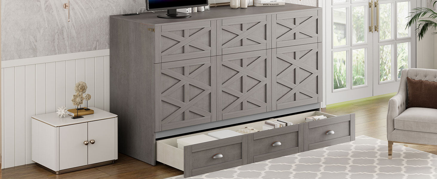 Queen Size Murphy Bed With Large Drawers,Brushed Gray Queen Gray Plywood