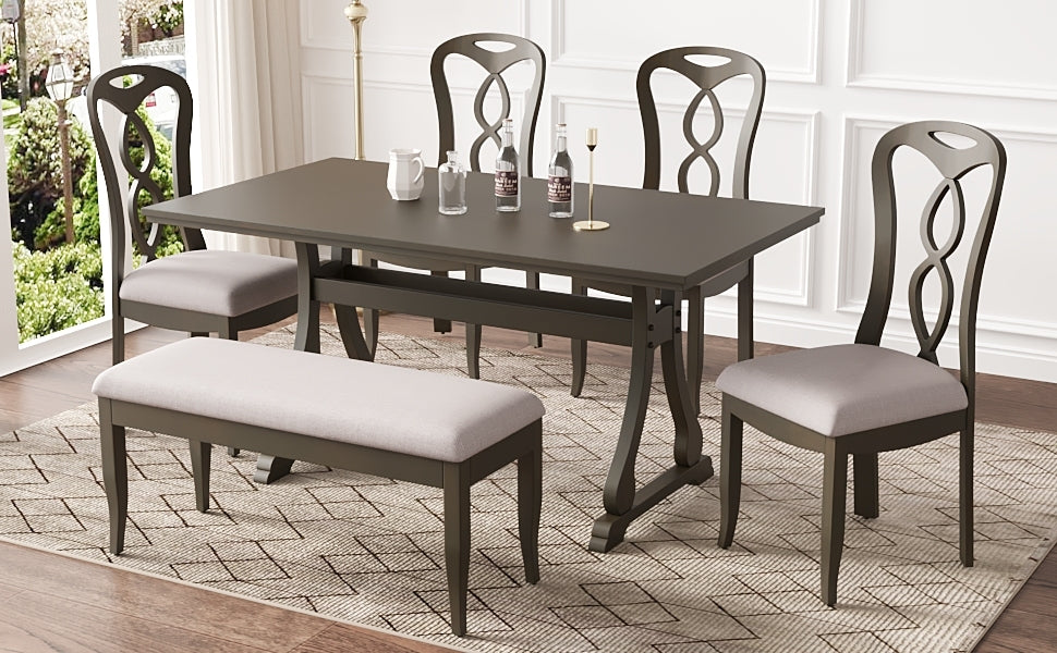 Retro 6 Piece Trestle Dining Table Set With Upholstered Dining Chairs And Dining Bench, Smooth Dining Backs For Dining Room, Living Room, Kitchen, Gray Gray Wood Dining Room Solid Wood Rubberwood Rectangular Dining Table With Chair And Bench Upholstered