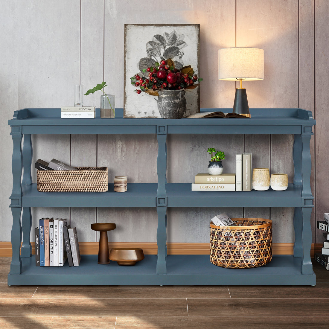Console Table With 3 Tier Open Storage Spaces And Roman Column Effect Support Legs,Narrow Sofa Entry Table For Living Room, Entryway And Hallway Navy Blue Navy Blue Primary Living Space Floor Mount Open Storage Console Tables Glossy Mdf Mdf