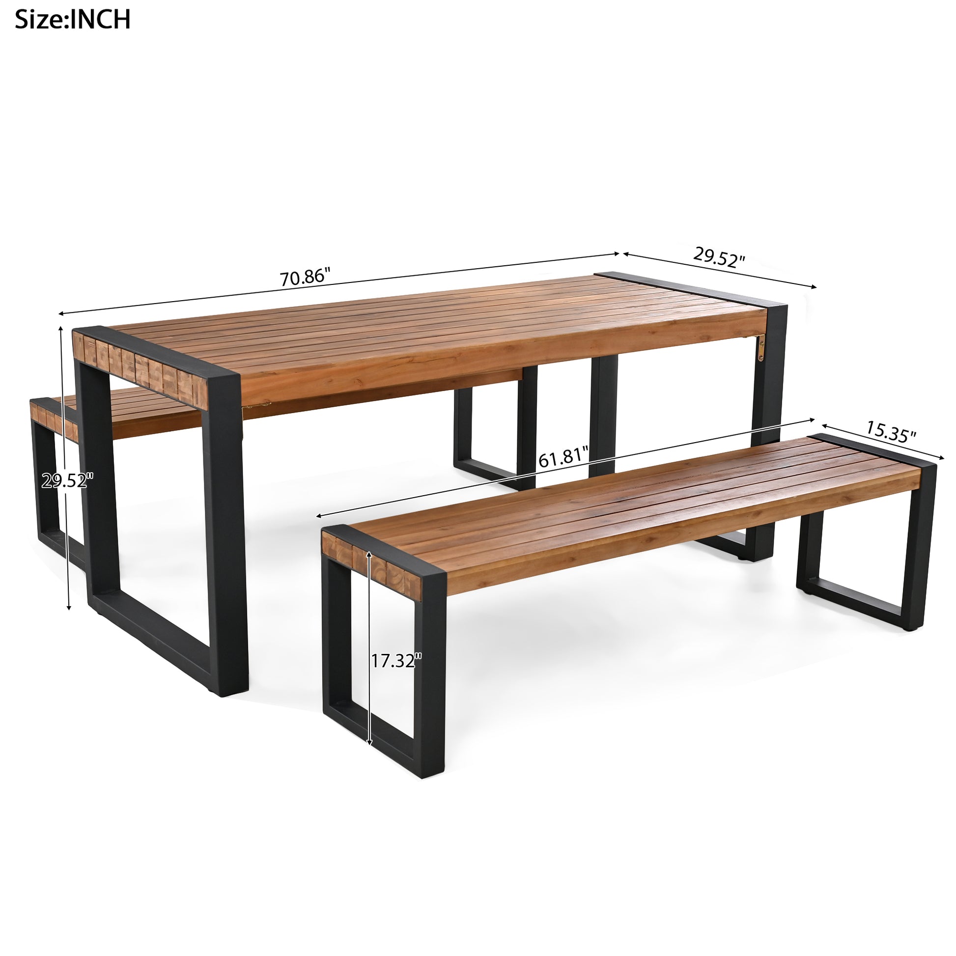 3 Pieces Outdoor Dining Table With 2 Benches, Patio Dining Set With Unique Top Texture, Acacia Wood Top & Steel Frame, All Weather Use, For Outdoor & Indoor, Natural No Acacia Wood Garden & Outdoor