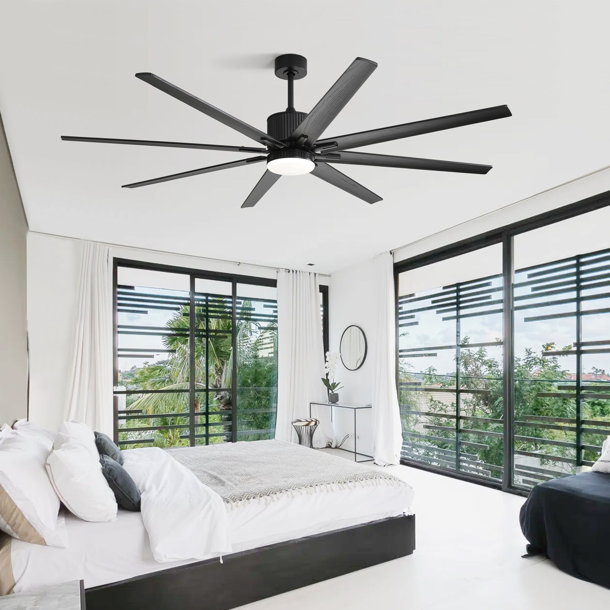 76 Inch Ceiling Fan With 18W Dimmable Led Light Smart Remote Control 8 Solid Wood Blades Black Black Metal & Wood