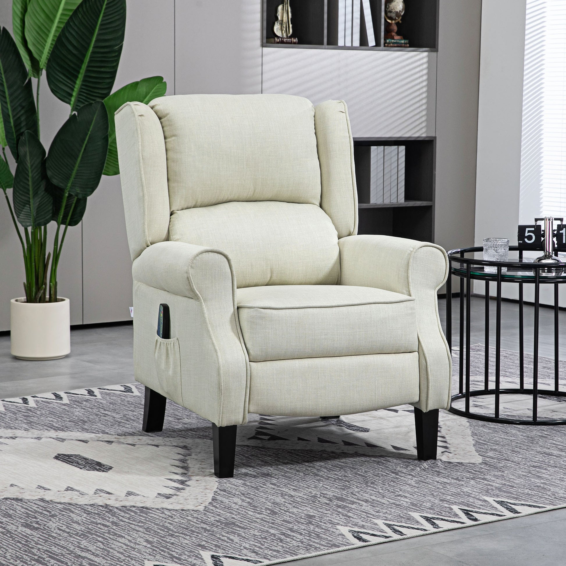 Homcom Vibration Massage Recliner Chair For Living Room With Heat, Wingback Single Sofa, Modern Linen Fabric Push Back Reclining Chair With Footrest, Side Pocket, White White Linen
