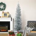 Homcom 6' Artificial Pencil Christmas Tree, Slim Xmas Tree With 390 Realistic Branch Tips And Plastic Stand, Silver Silver Plastic