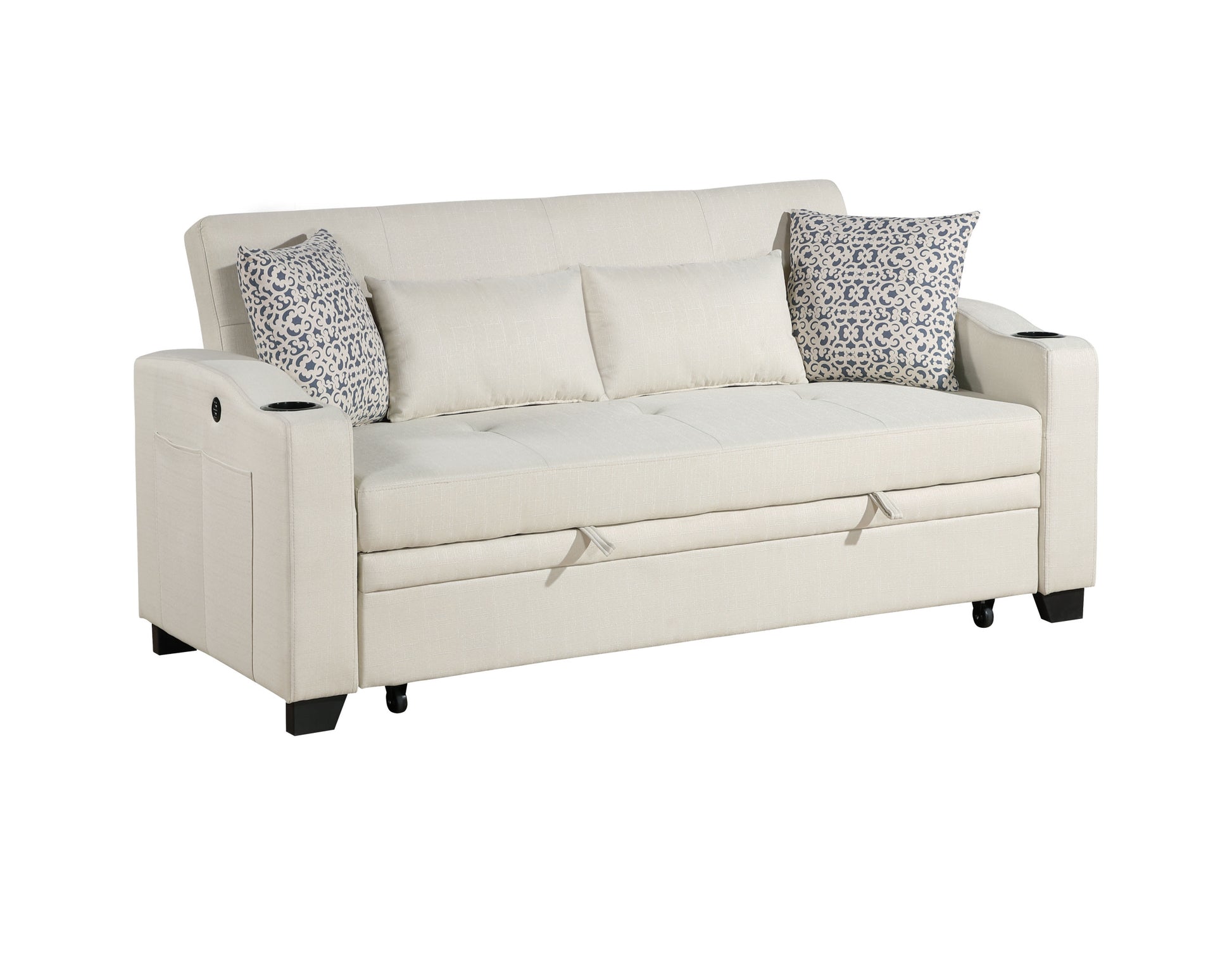 Bennett 71"W Beige Fabric Convertible Sleeper Loveseat With Usb Charger And Cupholders Beige Fabric