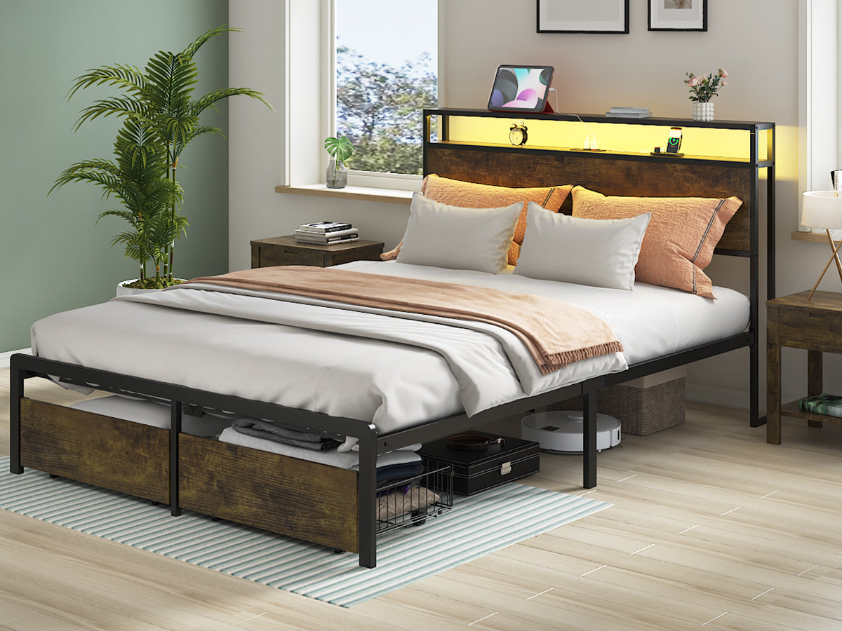 Queen Bed Frame With Led Lights And Charging Station Robust Metal Wood Construction, Rustic Wood Platform Bed Frame With 2 Drawers, No Box Spring Needed, Noise Free, Vintage Brown, Easy Assemble Box Spring Not Required Queen Black Brown Metal Brown