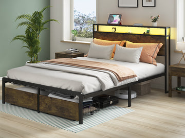 Queen Bed Frame With Led Lights And Charging Station Robust Metal Wood Construction, Rustic Wood Platform Bed Frame With 2 Drawers, No Box Spring Needed, Noise Free, Vintage Brown, Easy Assemble Box Spring Not Required Queen Black Brown Metal Brown