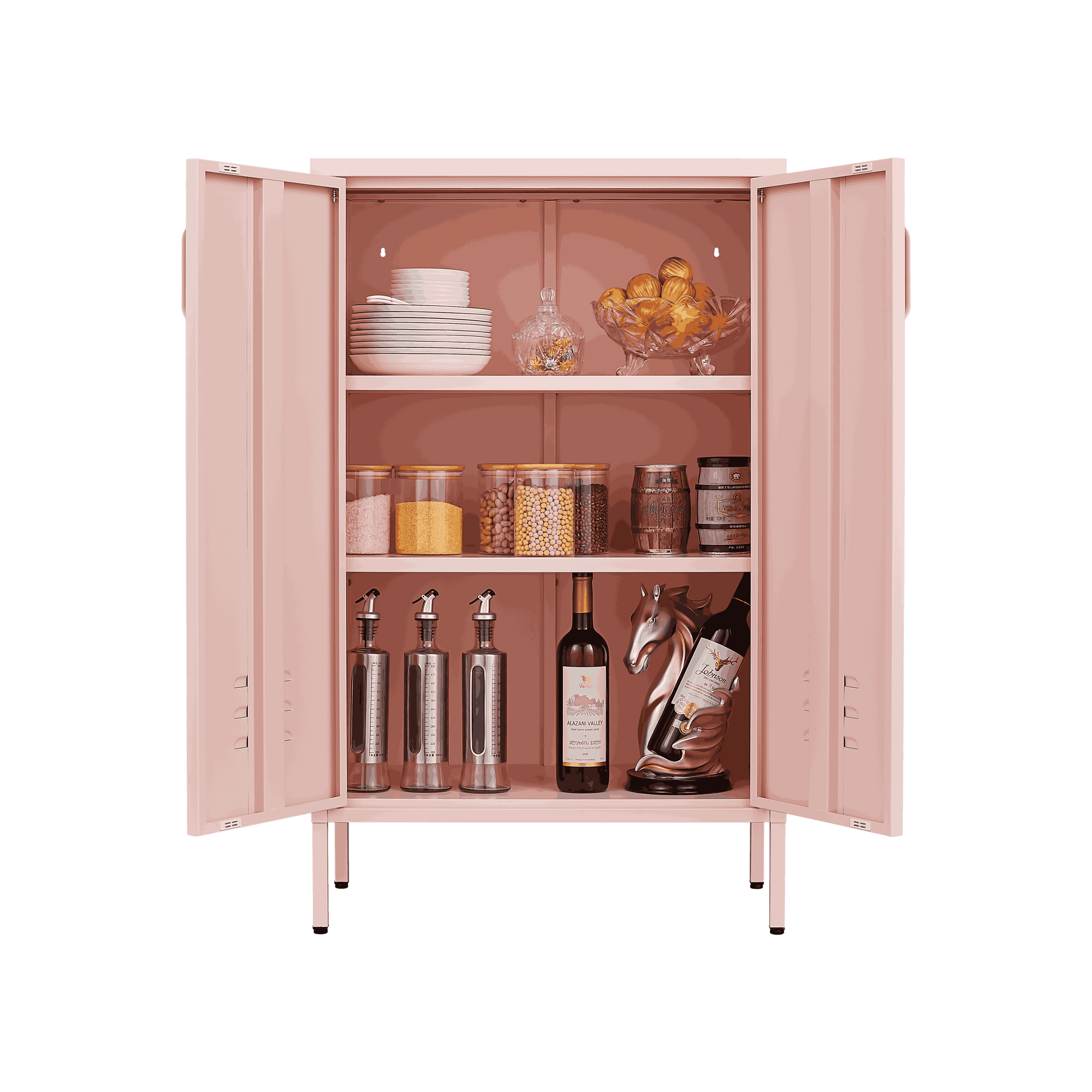 Pink Steel Double Door Cabinet With Handles, With Removable Dividers And Adjustable Height. Suitable For Living Room, Office, Bedroom, Study And Other Places. 3 4 Shelves Pink Metal