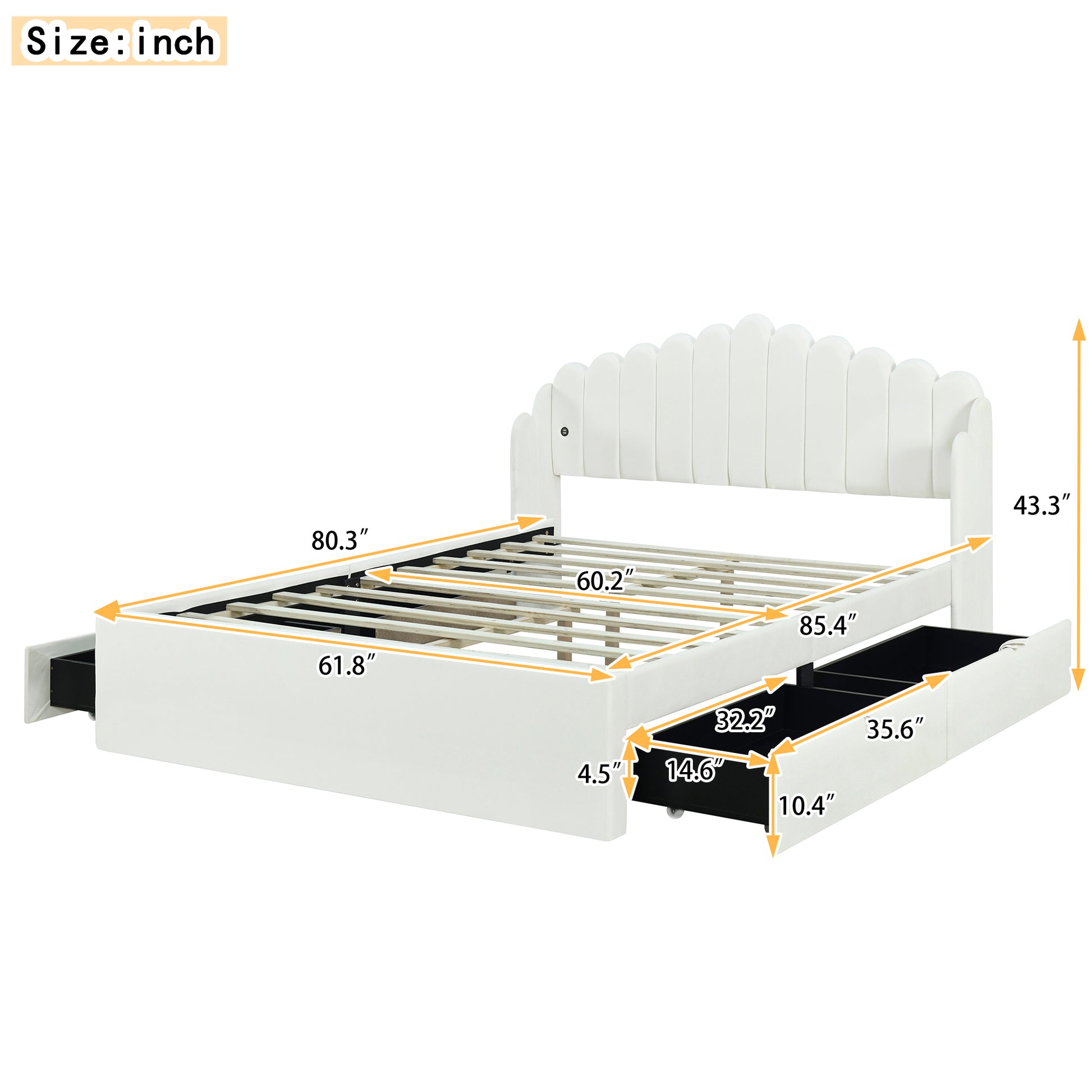 Queen Size Upholstered Platform Bed With 4 Drawers And 2 Usb, Beige Box Spring Not Required Queen Beige Wood Bedroom Bed Frame Polyester Upholstered