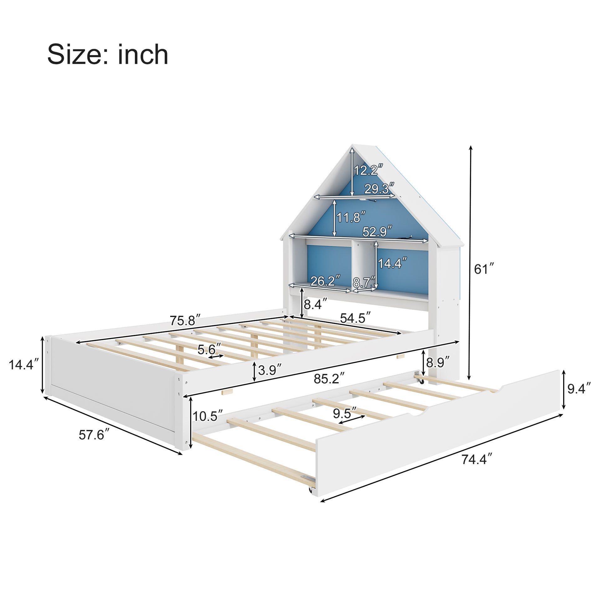 Full Size House Shaped Bed With Bookcase Headboard And Led Light And Twin Size Trundle For Kids Boys Girls, Blue White Box Spring Not Required Full White Blue Wood Bedroom Cute Bed Frame Wood