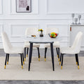 Table And Chair Set.Modern Extendable Mdf Dining Table.The Table Has A Telescopic Design, Suitable For Gatherings Of Different Size.Paired With 4 Chairs With Pu Cushions And Black Metal Legs. White Black Seats 4 Mdf Metal