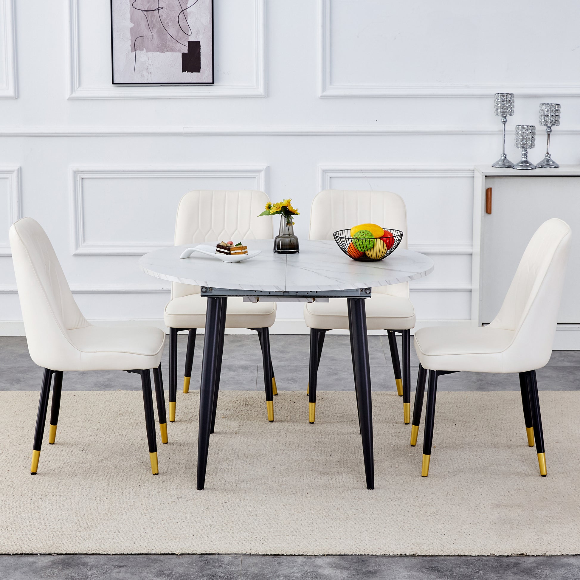 Table And Chair Set.Modern Extendable Mdf Dining Table.The Table Has A Telescopic Design, Suitable For Gatherings Of Different Size.Paired With 4 Chairs With Pu Cushions And Black Metal Legs. White Black Seats 4 Mdf Metal