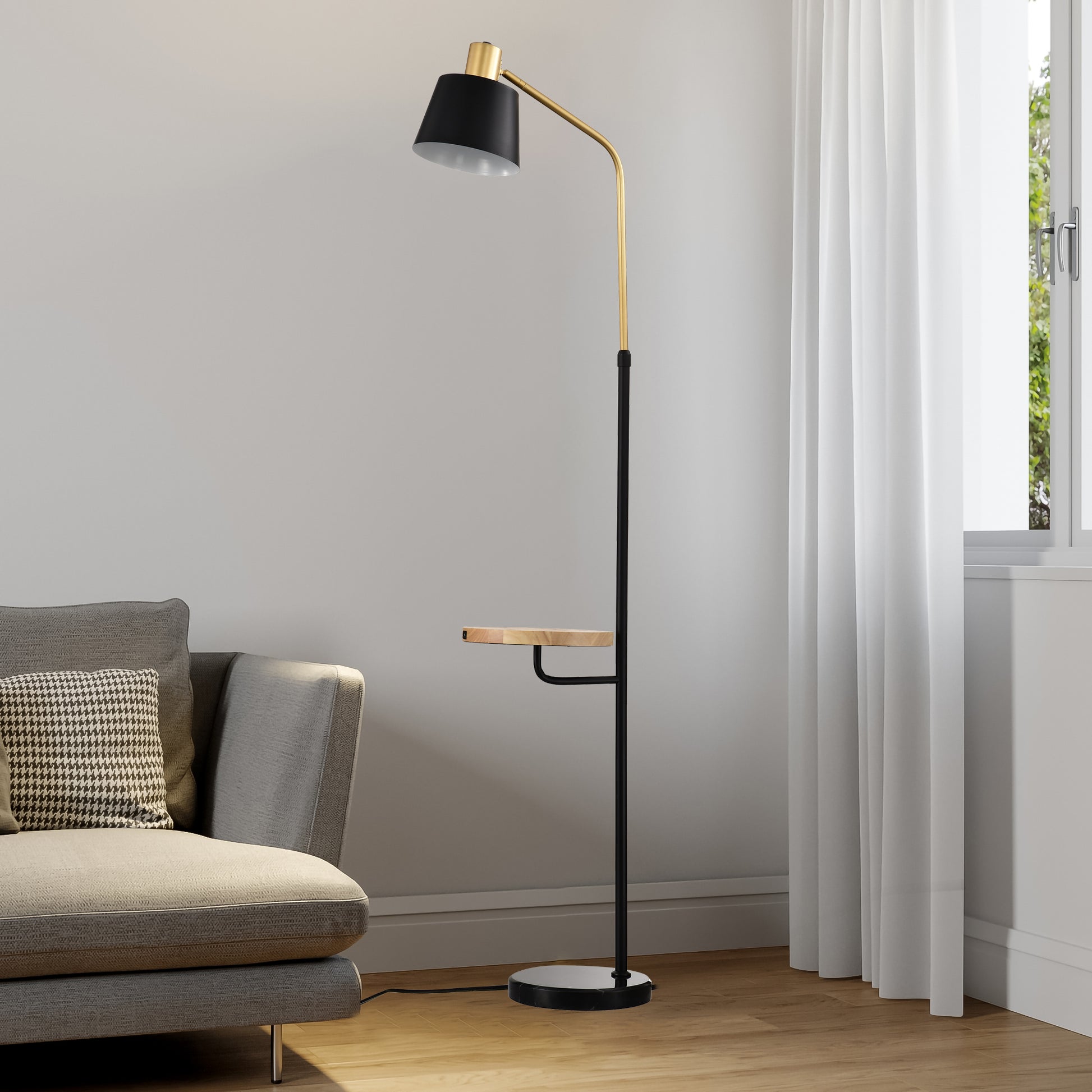 Real Marble Floor Lamp With Wood Bedside Nightstand End Table And Built In Usb Charging Port For Living Room Sofas Bedroom,Matte Gold Matte Black Matte Black American Design,Industrial,Luxury,Modern Metal