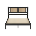 3 Pieces Bedroom Sets Full Size Wooden Platform Bed With Natural Rattan Headboard, Nightstands Set Of 2 With Rattan Woven Surfaces And Three Drawers For Bedroom, Black Black Particle Board