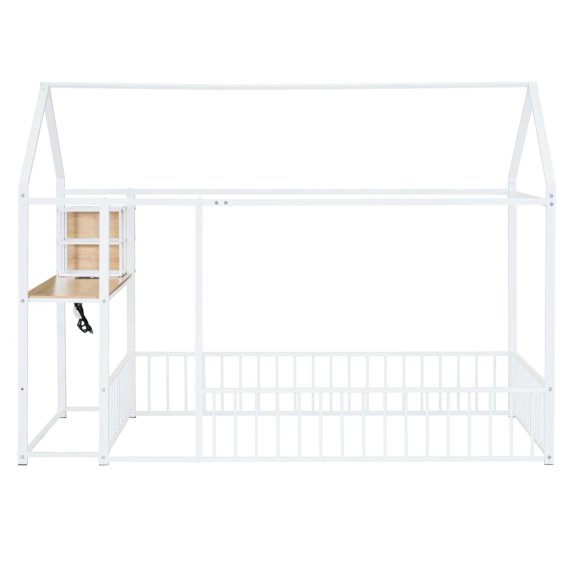 Twin Size Metal Bed House Bed Frame With Desk, Shelves, Power Outlets And Usb Ports, White Twin White Metal