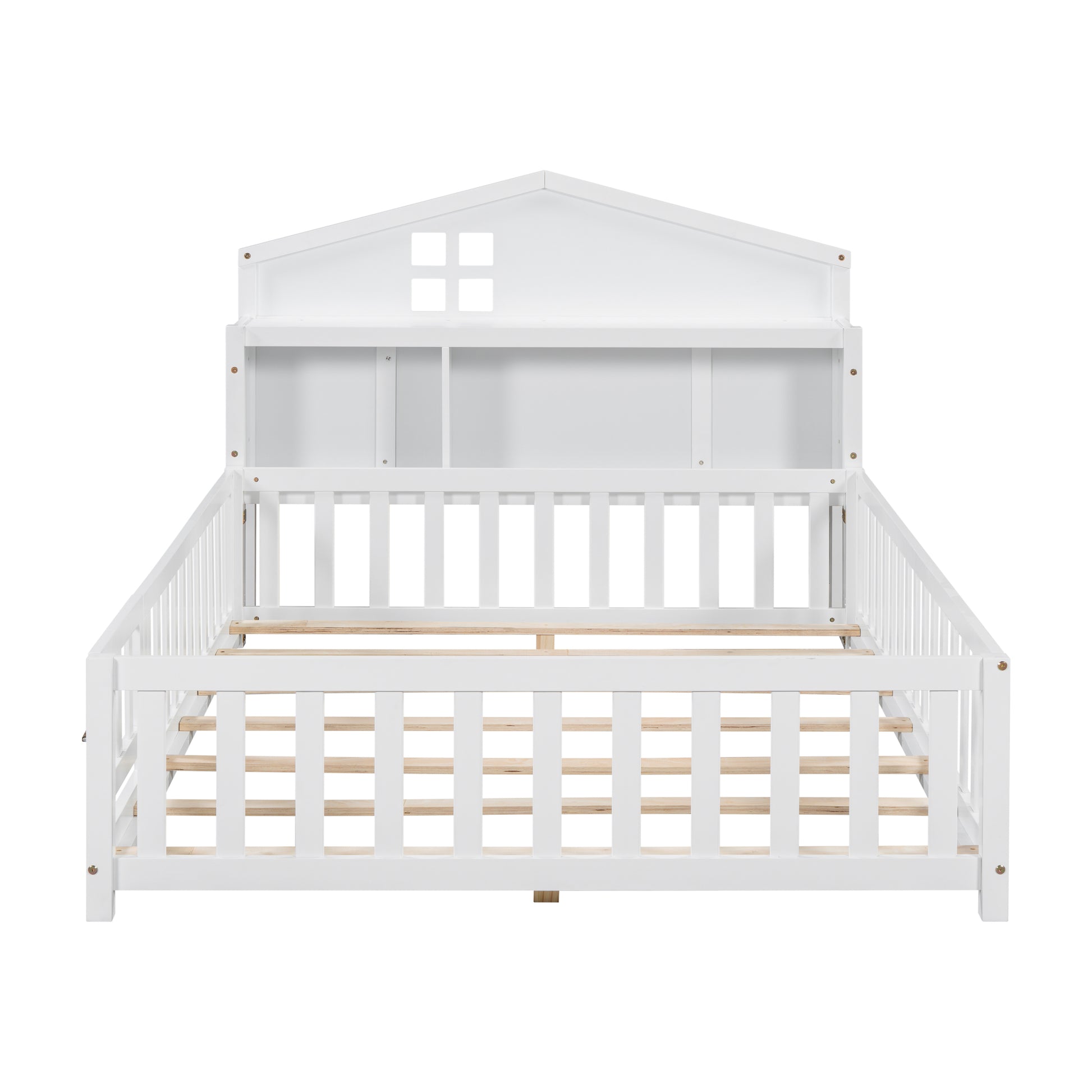 Full Size Floor Beds With Bookcases And Blackboards, Versatile Platform Beds With Guard Rails, Solid Wood Floor Beds With Storage Headboards, Floor Beds For Kids And Teens White Full White Plywood